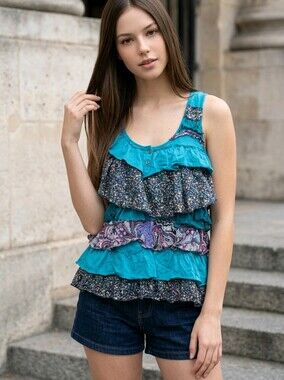 Lulumari Teal Tiered Ruffle Tank Top Floral Paisley Boho Festival Blouse Jrs L